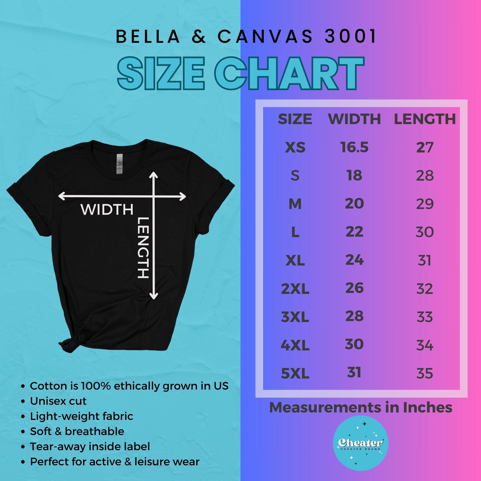 A size chart for Bella & Canvas T-shirts with sizes XS to 5XL