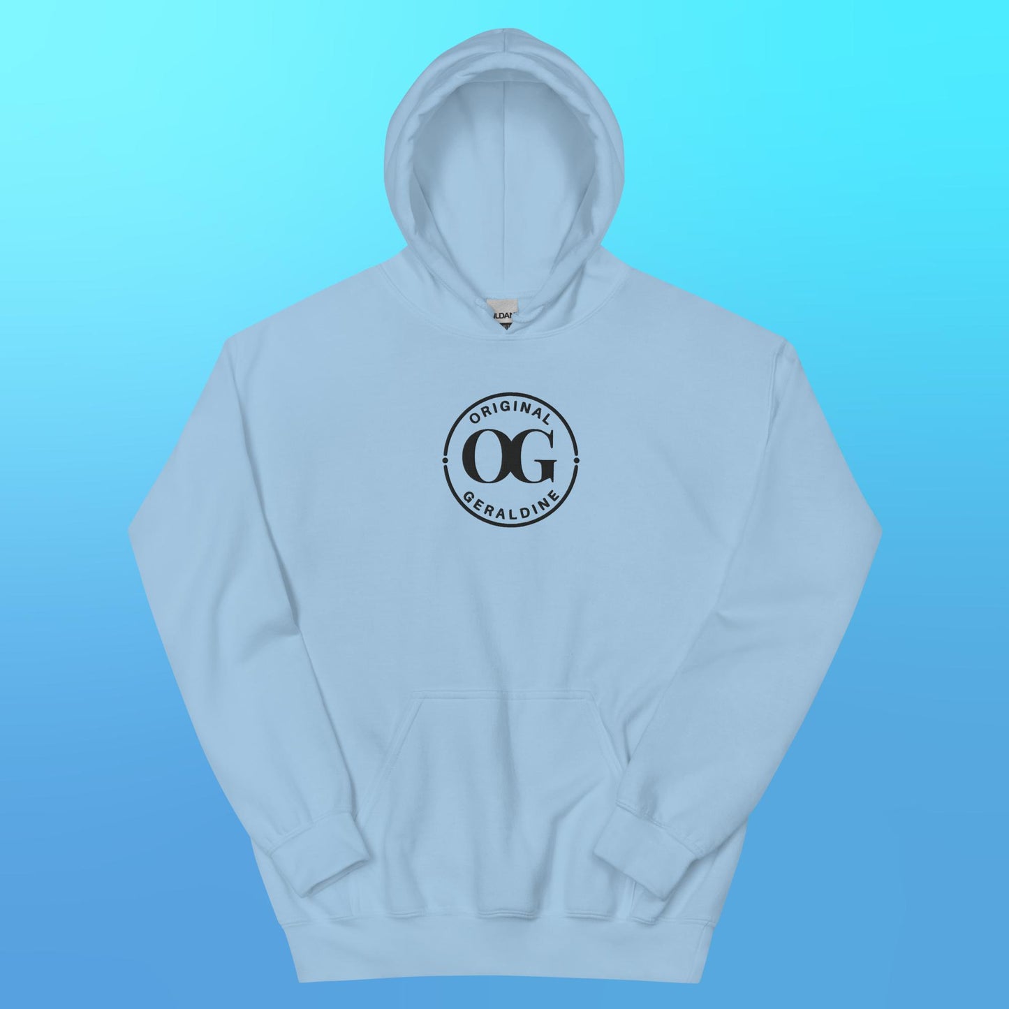 Light blue pullover hoodie with front pocket pouch with OG Original Geraldine emroidered in black thread on the center front.