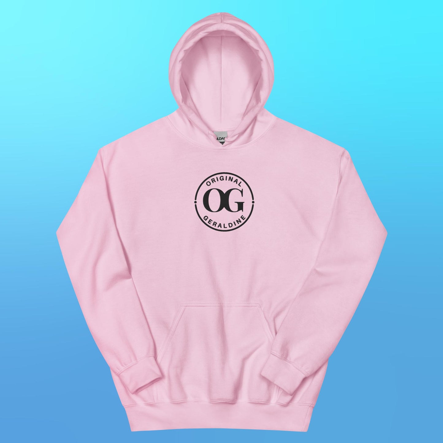 Light pink pullover hoodie with front pocket pouch with OG Original Geraldine emroidered in black thread on the center front.