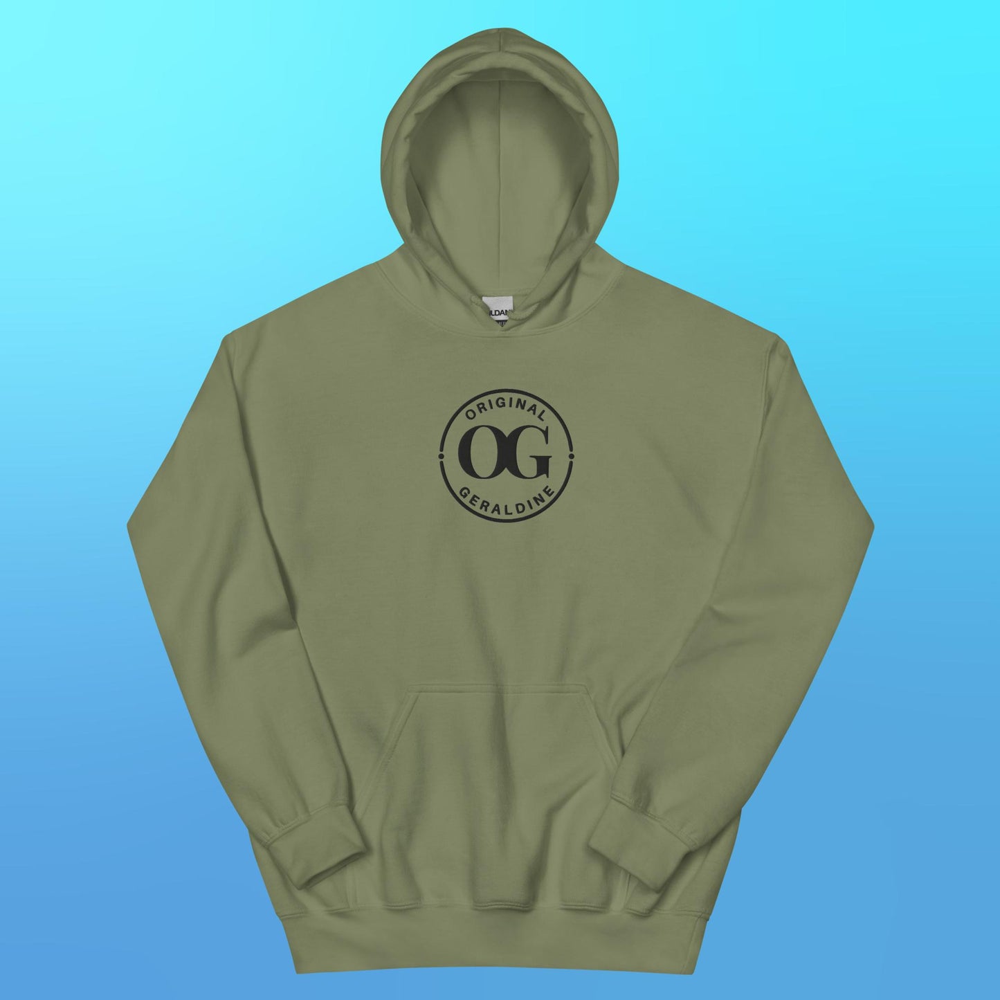 Military green pullover hoodie with front pocket pouch with OG Original Geraldine emroidered in black thread on the center front.