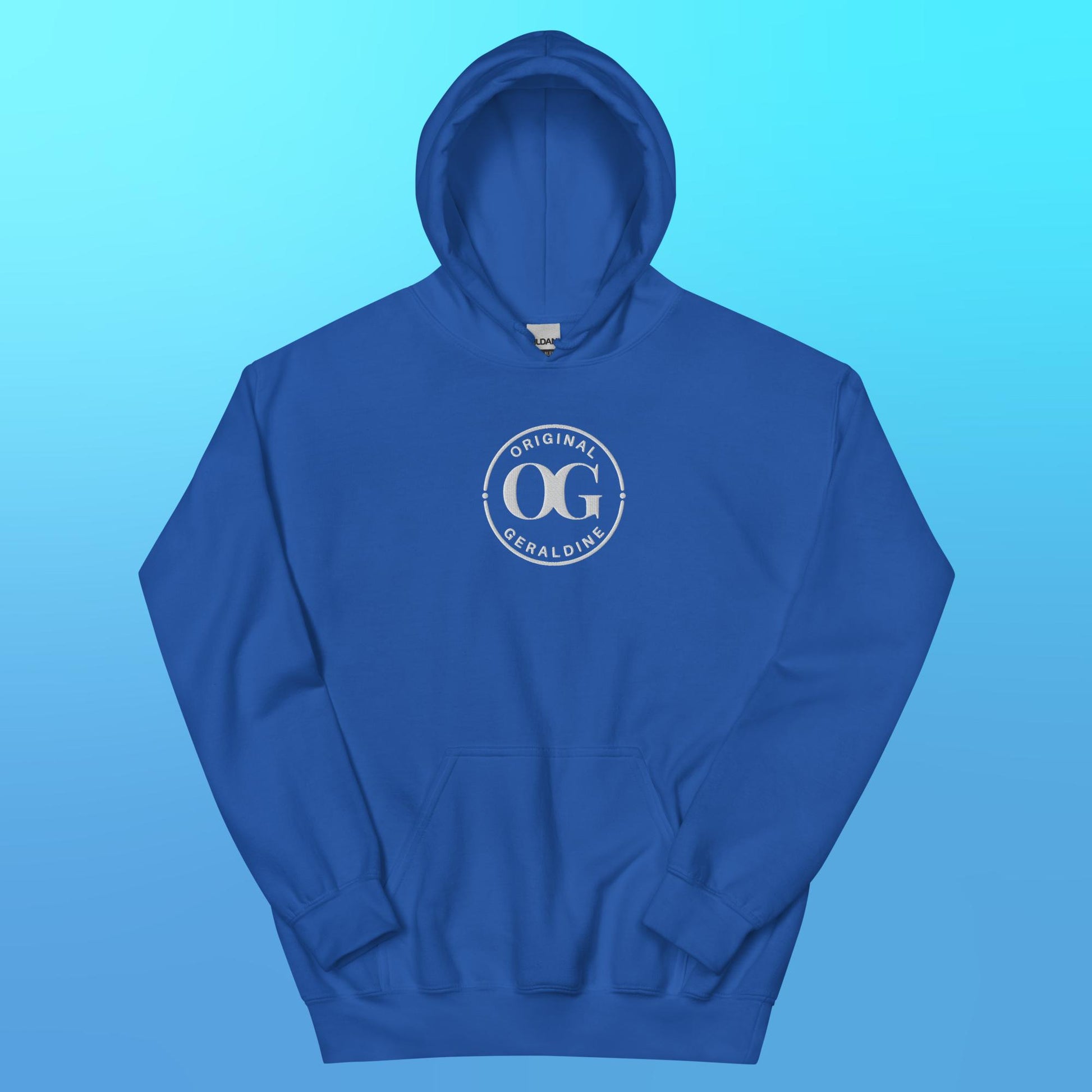 Blue pullover hoodie with front pouch pocket with OG Original Geraldine emroidered in white thread in the center front.